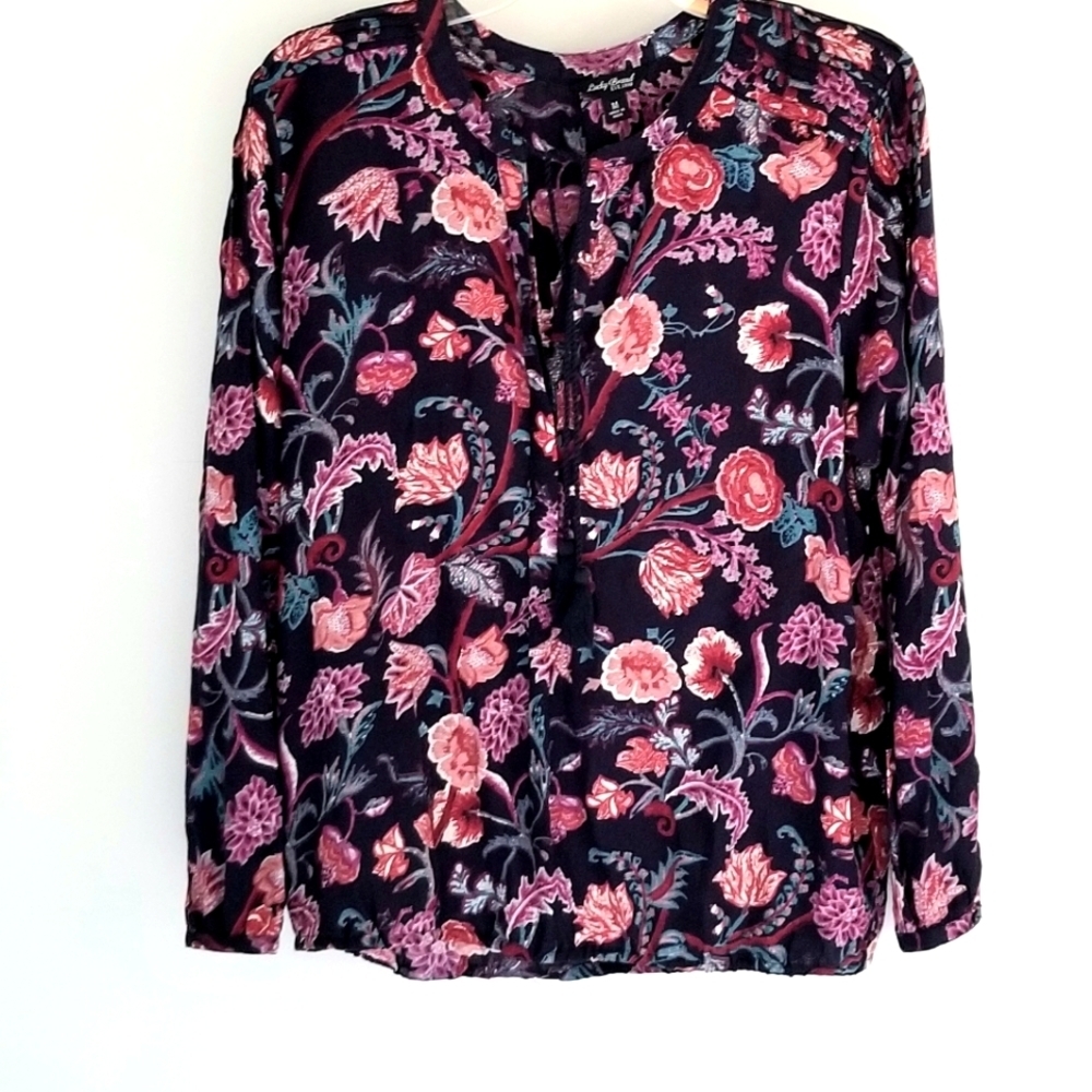 Lucky Brand navy red rayon floral top boho Long Sleeve